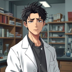 An anime male character in his late 20s, characterized by tousled black hair that lightly frames his serious yet lazy expression