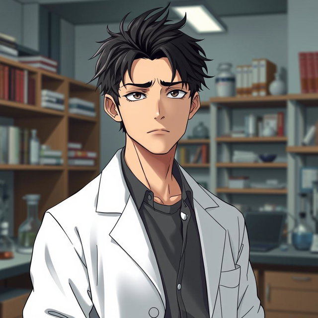 An anime male character in his late 20s, characterized by tousled black hair that lightly frames his serious yet lazy expression