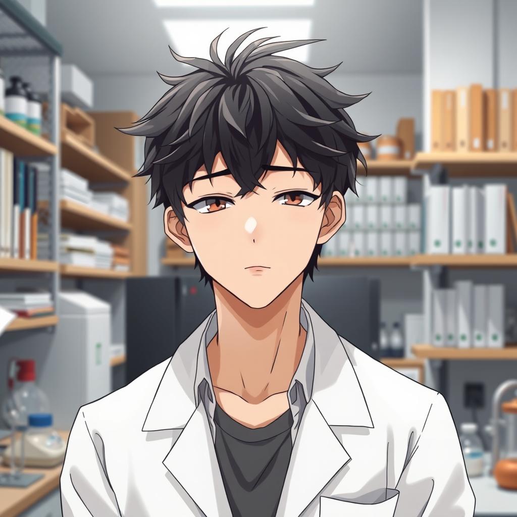 An anime male character in his late 20s, characterized by tousled black hair that lightly frames his serious yet lazy expression