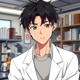 An anime male character in his late 20s, characterized by tousled black hair that lightly frames his serious yet lazy expression