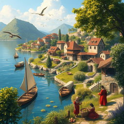 A picturesque view of Shif Island in the year 1410, showcasing lush greenery, traditional architecture from that era, and serene waters surrounding the island