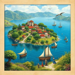 A picturesque view of Shif Island in the year 1410, showcasing lush greenery, traditional architecture from that era, and serene waters surrounding the island