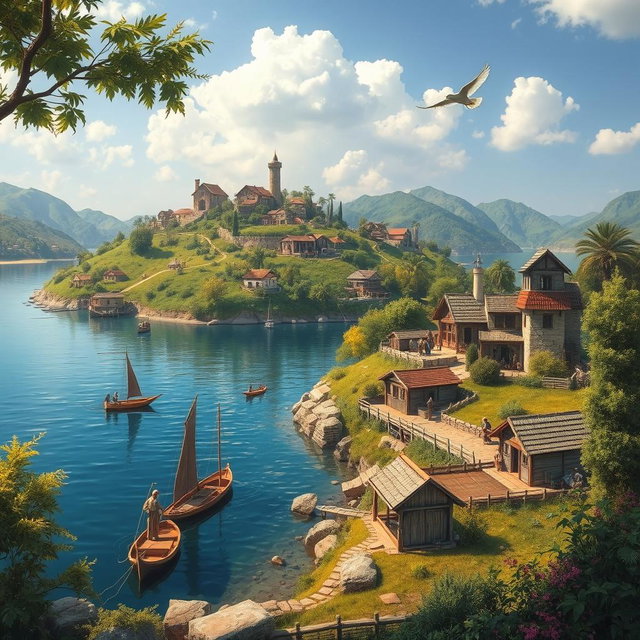 A picturesque view of Shif Island in the year 1410, showcasing lush greenery, traditional architecture from that era, and serene waters surrounding the island