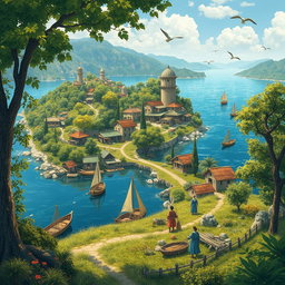A picturesque view of Shif Island in the year 1410, showcasing lush greenery, traditional architecture from that era, and serene waters surrounding the island