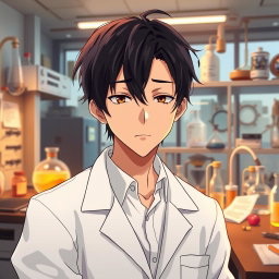 An anime male character in his late 20s, showcasing slightly messy black hair falling over his forehead