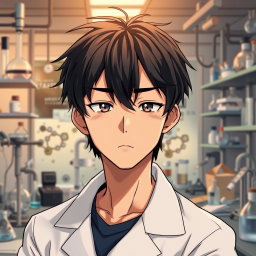 An anime male character in his late 20s, showcasing slightly messy black hair falling over his forehead
