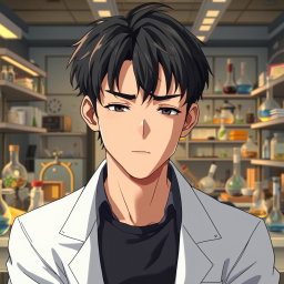 An anime male character in his late 20s, showcasing slightly messy black hair falling over his forehead