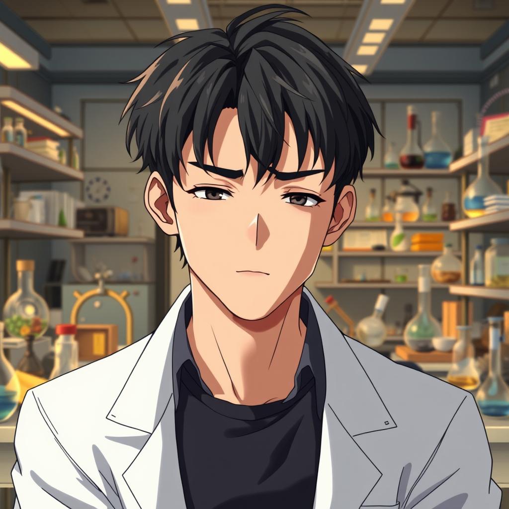 An anime male character in his late 20s, showcasing slightly messy black hair falling over his forehead