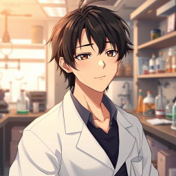 An anime male character in his late 20s, showcasing slightly messy black hair falling over his forehead