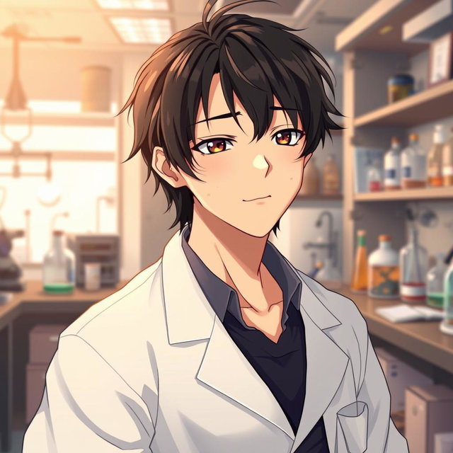An anime male character in his late 20s, showcasing slightly messy black hair falling over his forehead