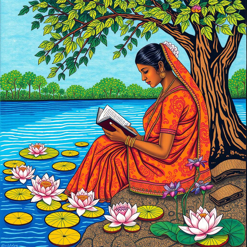 A beautiful Kalamkari print depicting a serene scene of a brown woman adorned in a vibrant saree, sitting gracefully near the banks of a river