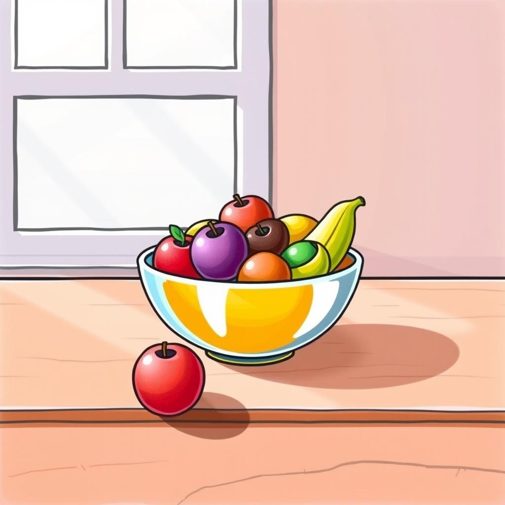 A colorful still life drawing of a fruit bowl placed on a wooden table, featuring simple and easy drawing techniques such as basic shapes for fruits (circles for apples, oval for bananas, etc