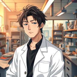 An anime male character in his late 20s with shaggy black hair that hangs slightly over his brow