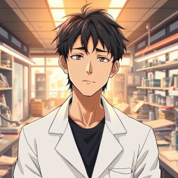 An anime male character in his late 20s with shaggy black hair that hangs slightly over his brow