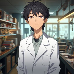 An anime male character in his late 20s with shaggy black hair that hangs slightly over his brow