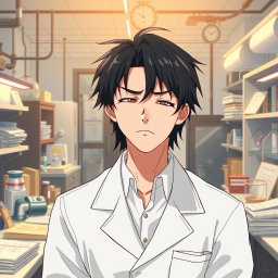 An anime male character in his late 20s with shaggy black hair that hangs slightly over his brow