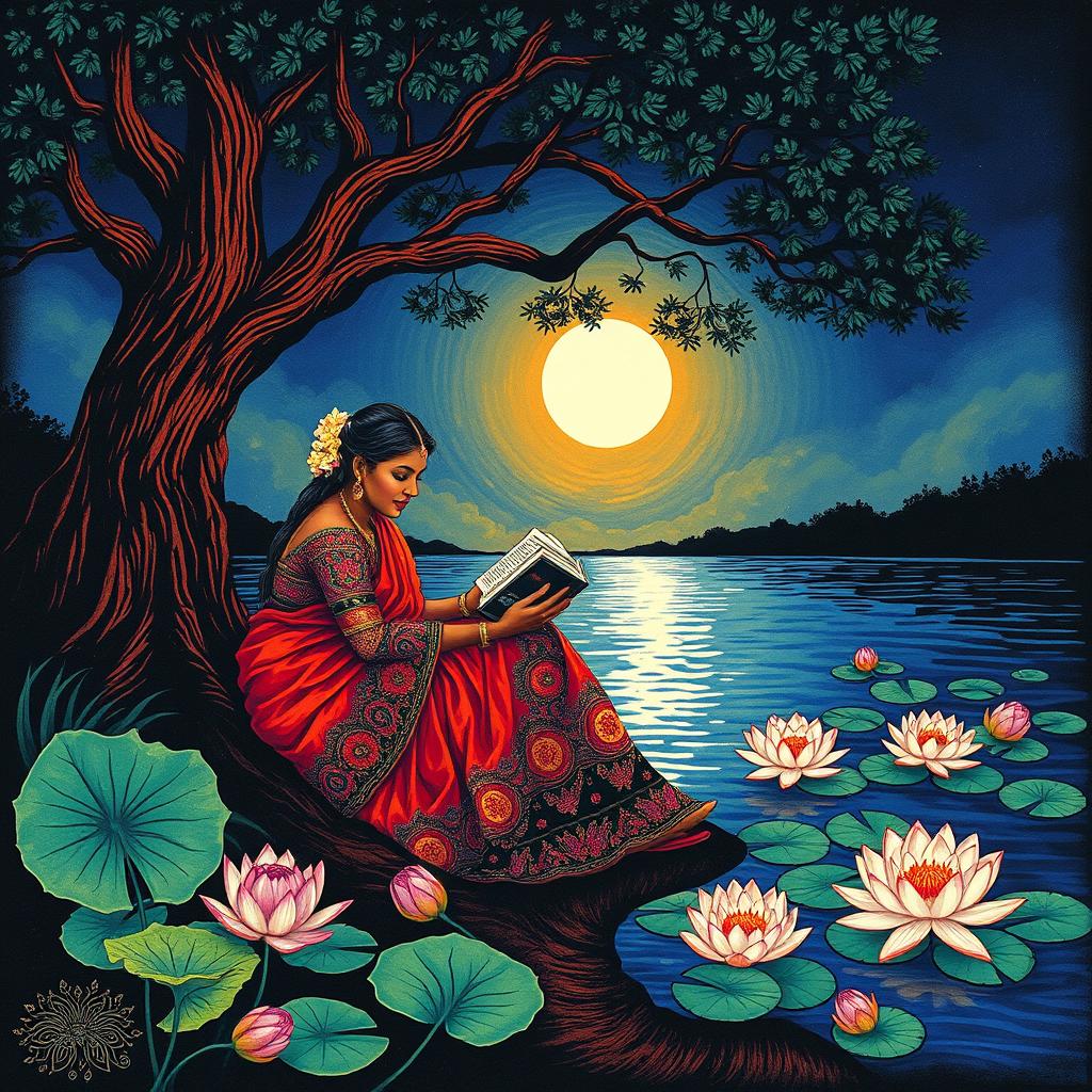 A captivating Kalamkari print showcasing a tranquil night scene with a brown woman adorned in a richly colored saree, seated gracefully by the banks of a river