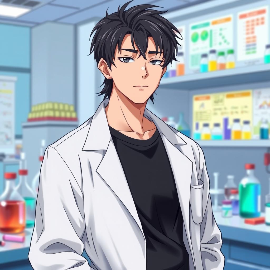 An anime male character in his late 20s, depicted with slightly unkempt black hair that adds to his character