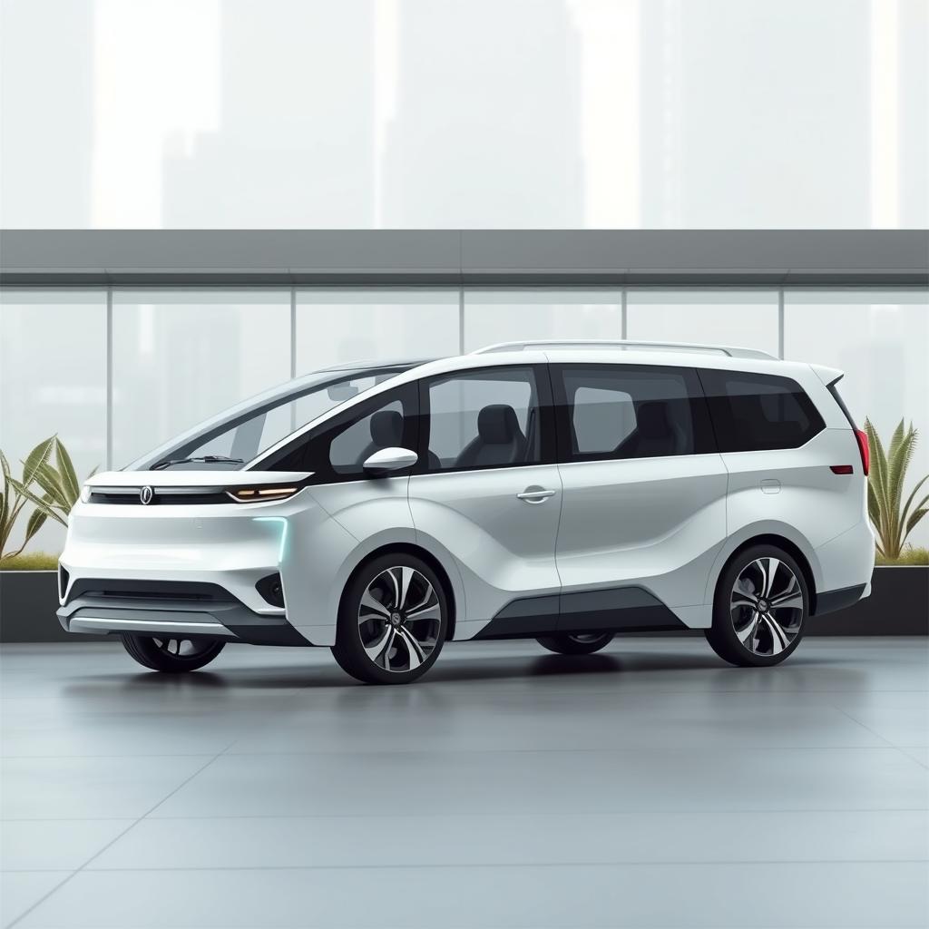 A sleek and modern minimalist design of a 2024 minivan, featuring smooth lines, a streamlined silhouette, spacious interior, and large windows for natural light
