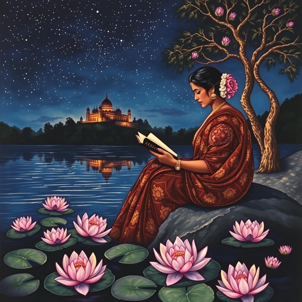 A mesmerizing Kalamkari print illustrating a serene nighttime scene featuring a brown woman adorned in a richly designed saree, sitting gracefully by the banks of a river