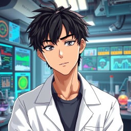 An anime male character in his late 20s, featuring tousled black hair that has a slightly disheveled appearance