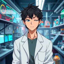 An anime male character in his late 20s, featuring tousled black hair that has a slightly disheveled appearance