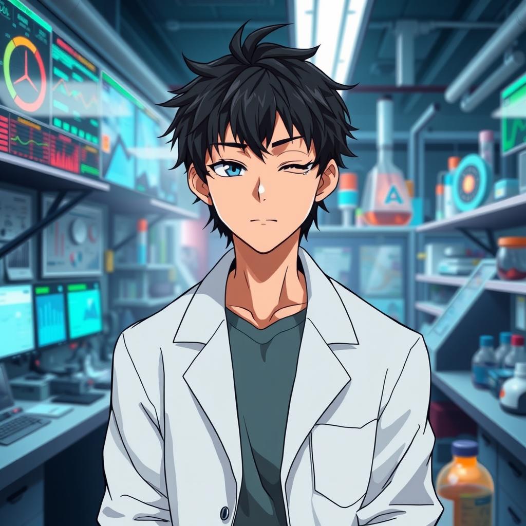An anime male character in his late 20s, featuring tousled black hair that has a slightly disheveled appearance