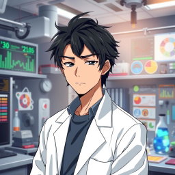 An anime male character in his late 20s, featuring tousled black hair that has a slightly disheveled appearance