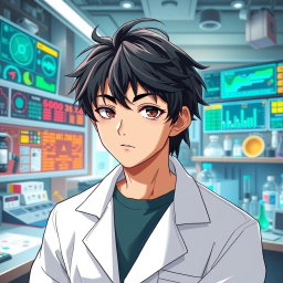 An anime male character in his late 20s, featuring tousled black hair that has a slightly disheveled appearance