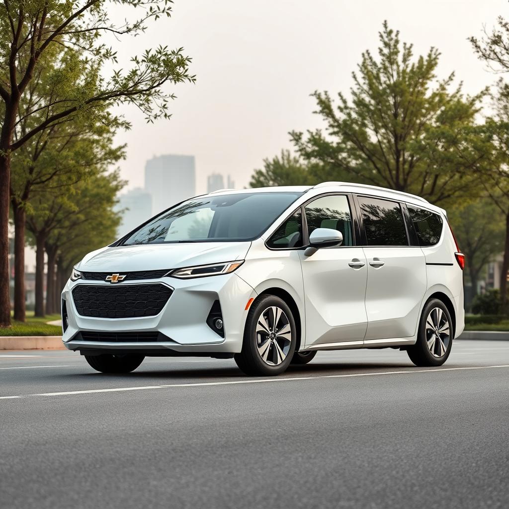 An elegant and modern minimalist 2024 minivan with a clean, aerodynamic shape, emphasizing simplicity and practicality