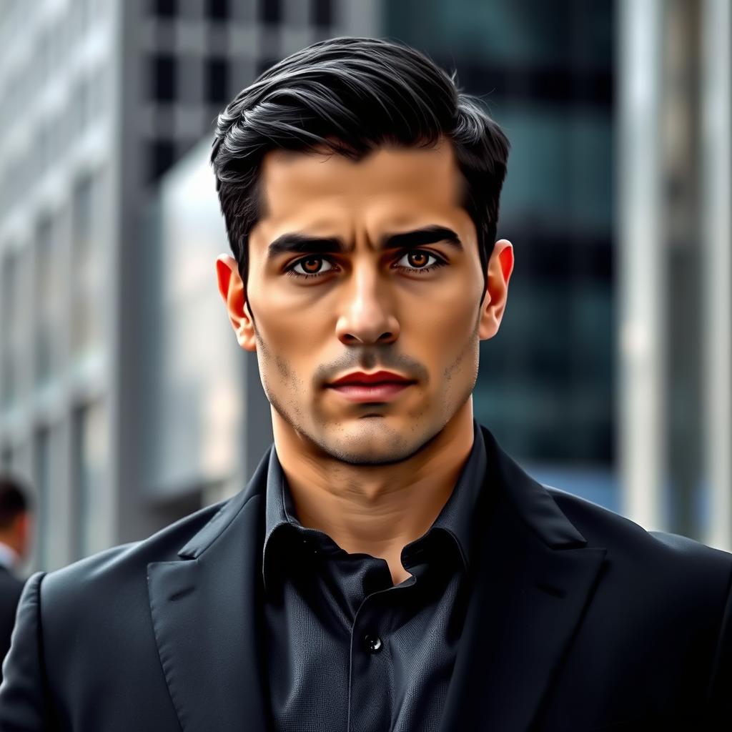A 30-year-old Persian man with dark short straight hair and striking hazel eyes, standing tall and strong