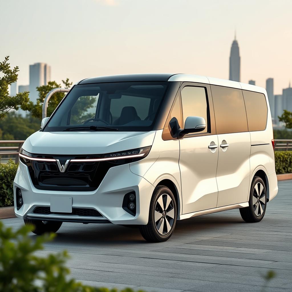 A minimalist 2025 minivan featuring unique 'Y' shaped headlights that add a distinctive modern touch