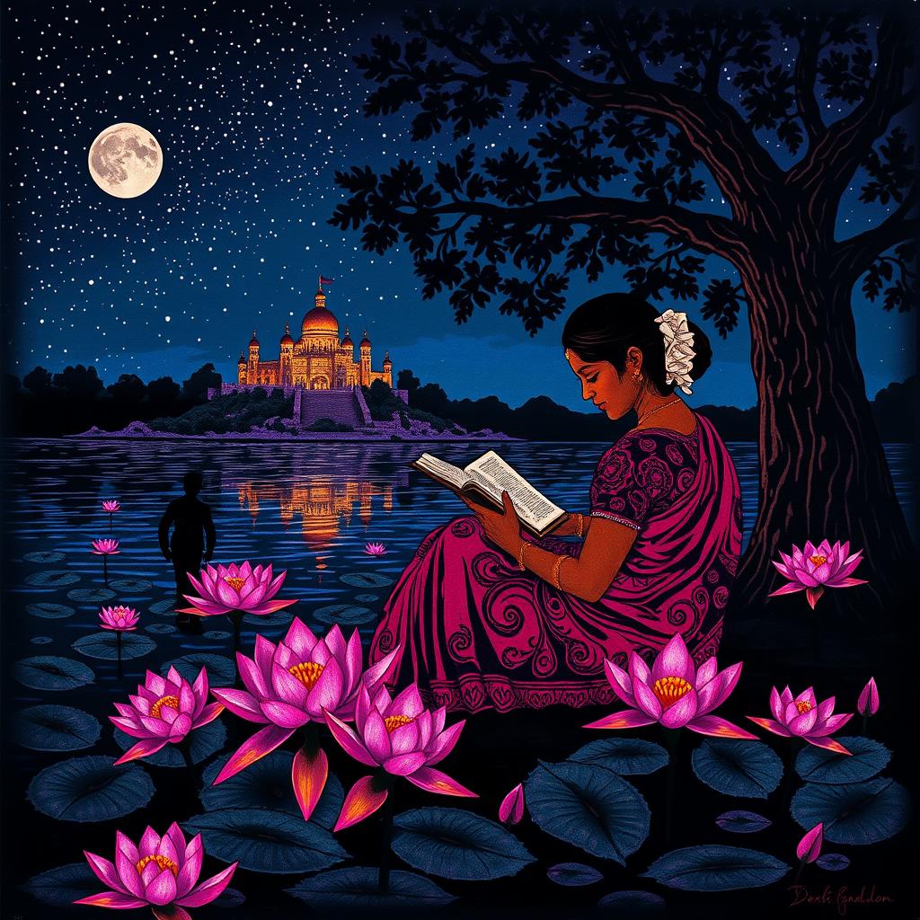 A stunning Kalamkari print featuring a captivating nighttime scene with a brown woman adorned in a beautifully designed saree, peacefully sitting by the banks of a river