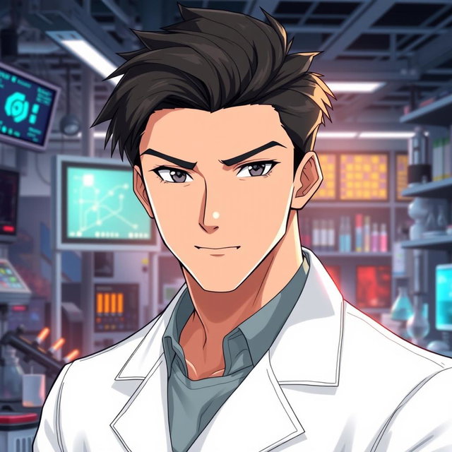 An anime male character in his late 20s, showcasing strikingly handsome features with sharp cheekbones and a well-defined jawline