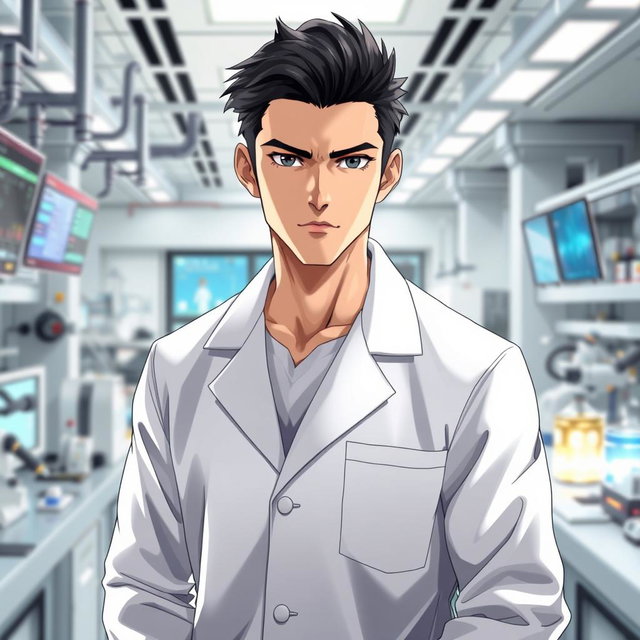 An anime male character in his late 20s, featuring strikingly handsome features with chiseled cheekbones and a strong jawline