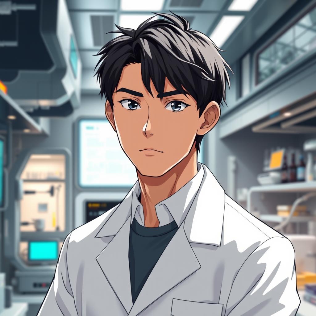 An anime male character in his late 20s, featuring strikingly handsome features with chiseled cheekbones and a strong jawline
