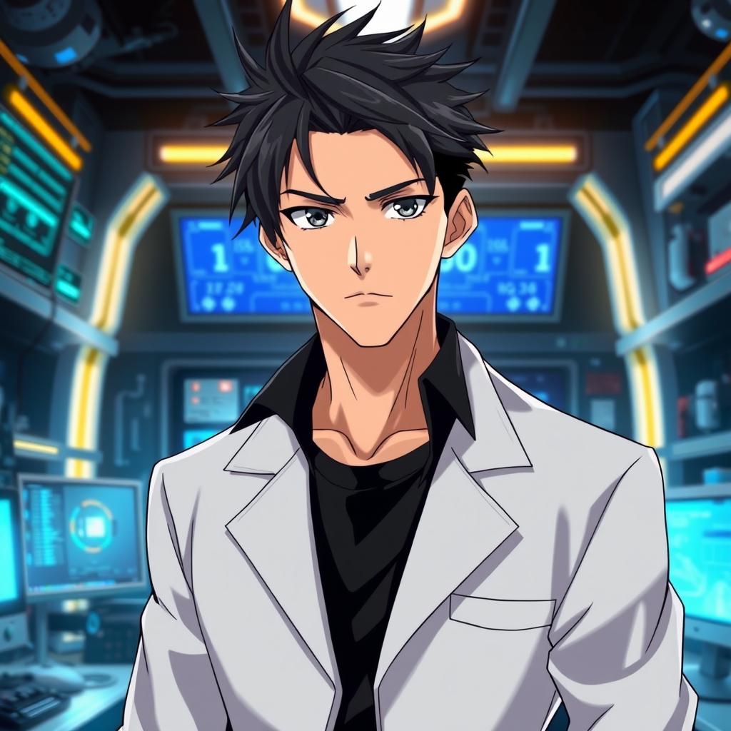 An anime male character in his late 20s, resembling Kirito from Sword Art Online, with sleek black hair styled in a slightly messy yet cool manner