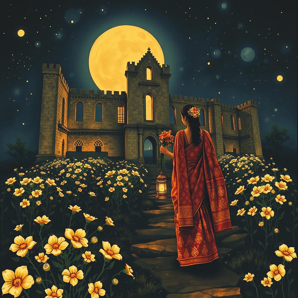 A breathtaking Kalamkari print depicting a mystical scene of a ruined castle illuminated by the soft light of moonflowers that are abloom around its ancient walls