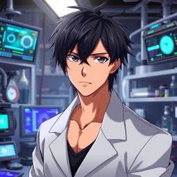 An anime male character in his late 20s, strongly resembling Kirito from Sword Art Online, with striking black hair styled in a slightly tousled fashion