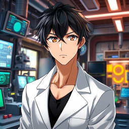 An anime male character in his late 20s, strongly resembling Kirito from Sword Art Online, with striking black hair styled in a slightly tousled fashion