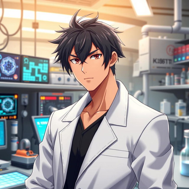 An anime male character in his late 20s, strongly resembling Kirito from Sword Art Online, with striking black hair styled in a slightly tousled fashion