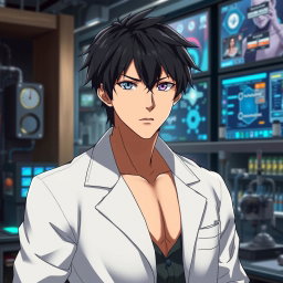 An anime male character in his late 20s, strongly resembling Kirito from Sword Art Online, with striking black hair styled in a slightly tousled fashion
