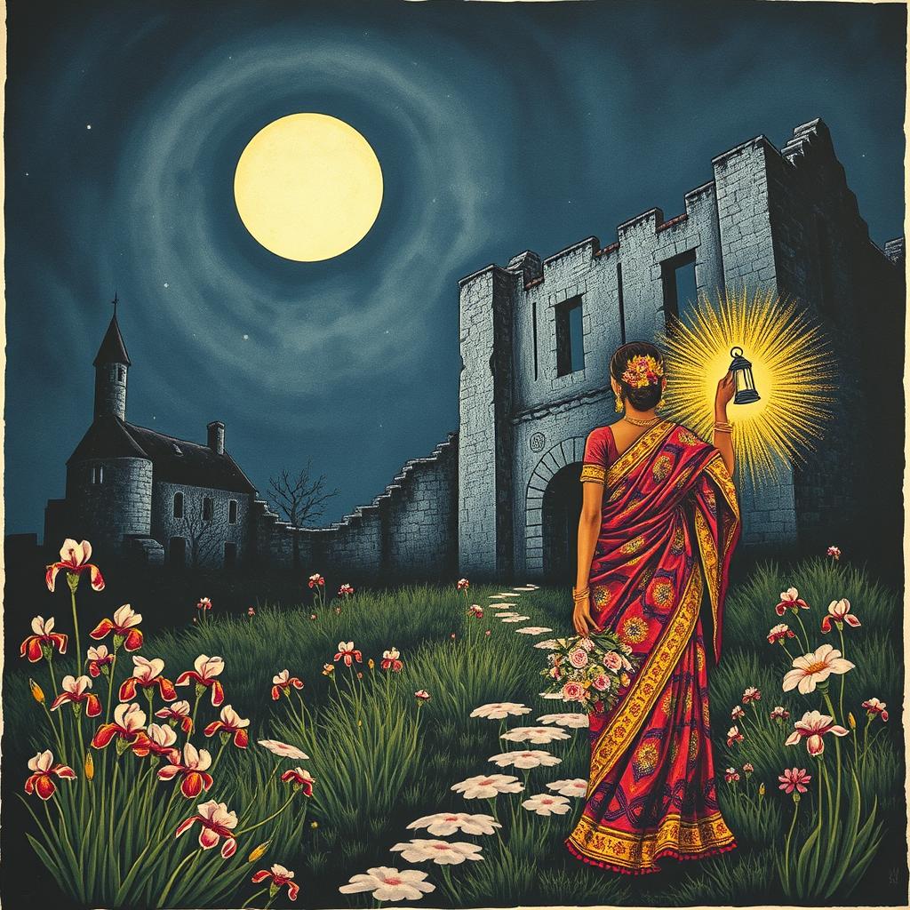 A beautiful Kalamkari print depicting a mystical scene of a ruined castle bathed in dim silver moonlight, where irises are abloom around the crumbling stone walls