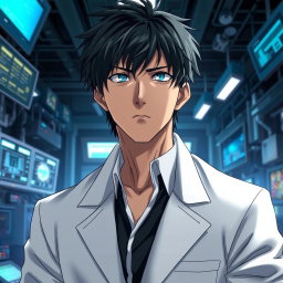 An anime male character in his late 20s, combining features reminiscent of both Gojo from Jujutsu Kaisen and Levi from Attack on Titan