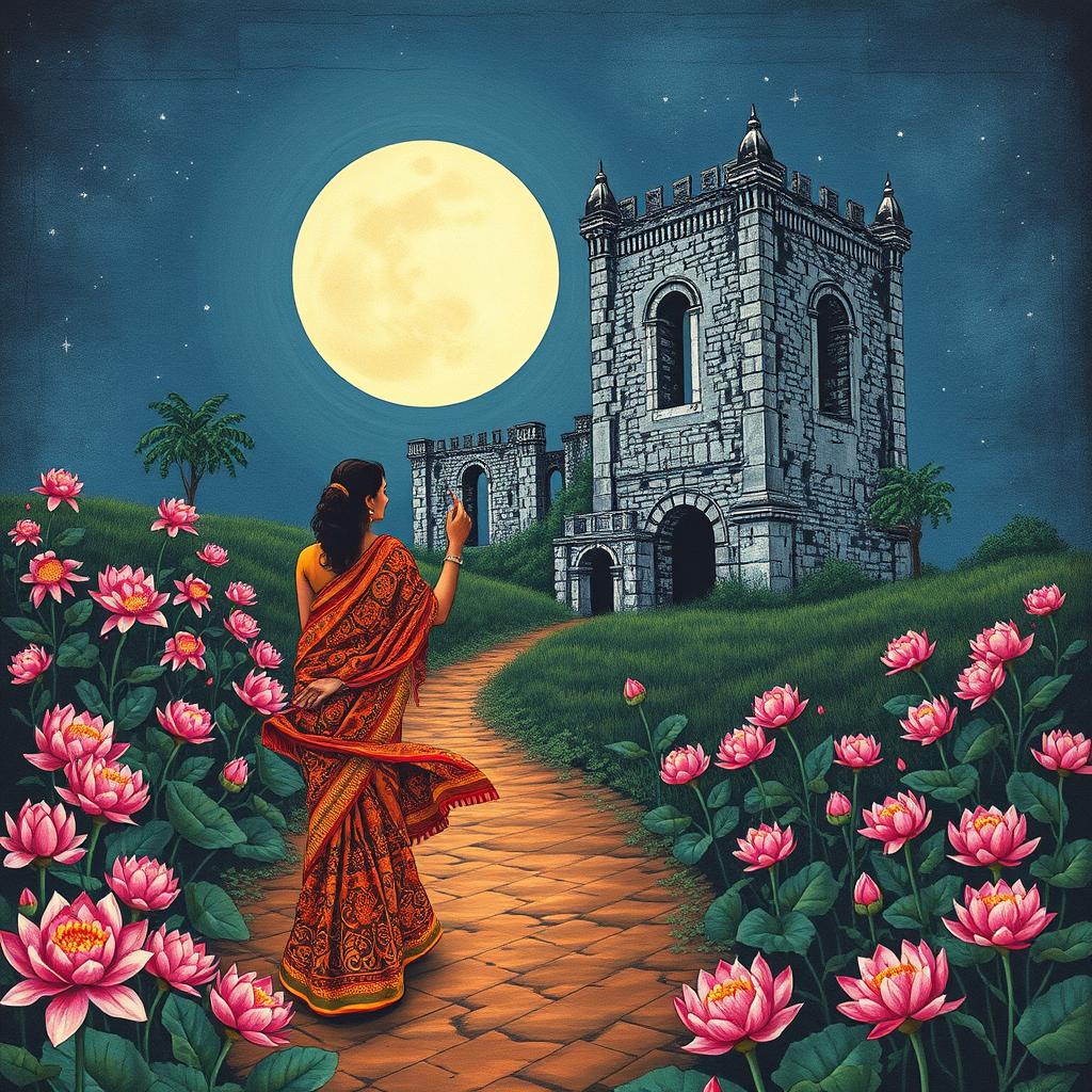 A mesmerizing Kalamkari print depicting a romantic scene of a ruined castle surrounded by blooming iris-colored flowers in the moonlight