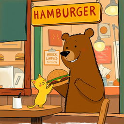 Inside a cozy hamburger shop, a smiling brown bear is happily holding out a delicious, mouth-watering hamburger to a cute little yellow cat