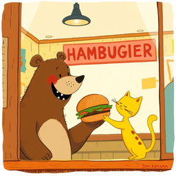 Inside a cozy hamburger shop, a smiling brown bear is happily holding out a delicious, mouth-watering hamburger to a cute little yellow cat