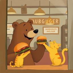 Inside a cozy hamburger shop, a smiling brown bear is happily holding out a delicious, mouth-watering hamburger to a cute little yellow cat