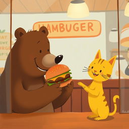 Inside a cozy hamburger shop, a smiling brown bear is happily holding out a delicious, mouth-watering hamburger to a cute little yellow cat