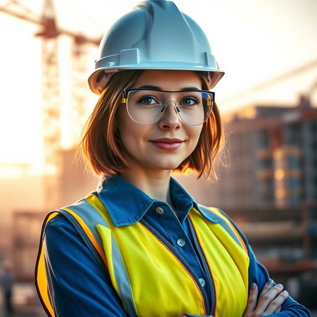 A close-up portrait of a confident female engineer wearing a hard hat, radiating professionalism and determination